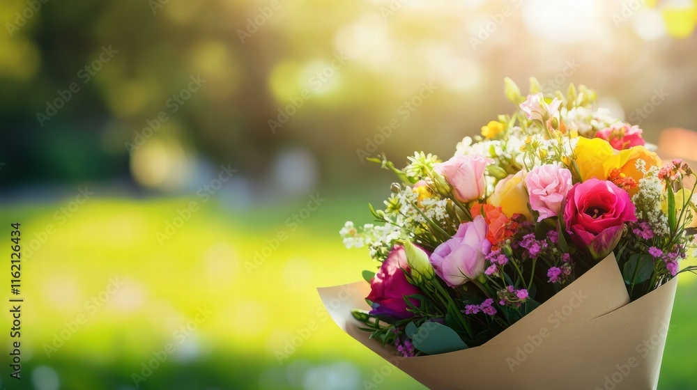 Poster colorful flower bouquet wrapped in kraft paper with bright garden background and empty space for tex