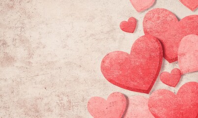 A vintage background with pink and red hearts for Valentine's Day, on the right side of an empty space. 