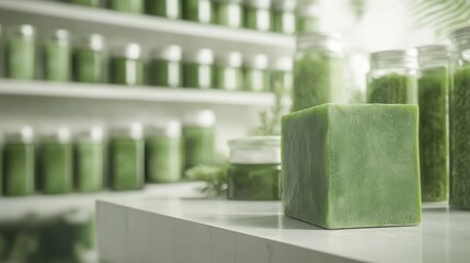 A green block of soap is placed on a white shelf, with jars of similar green products arranged in the background.