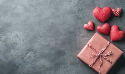 Valentine's Day background with hearts and a gift box on a dark gray concrete table