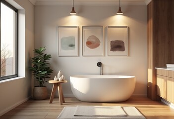 Minimalist Scandinavian Bathroom with Abstract Paintings, Warm Wood Accents, and Soft Overhead Lighting for a Cozy and Inviting Atmosphere