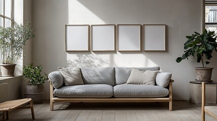 Fototapeta premium Modern living room with gray sofa, wooden frame, plants, and three blank frames on the wall.