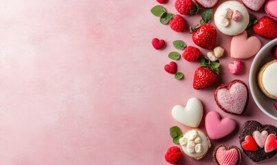 Valentine's Day background with heart-shaped cookies, chocolates, and strawberries on a pink backdrop
