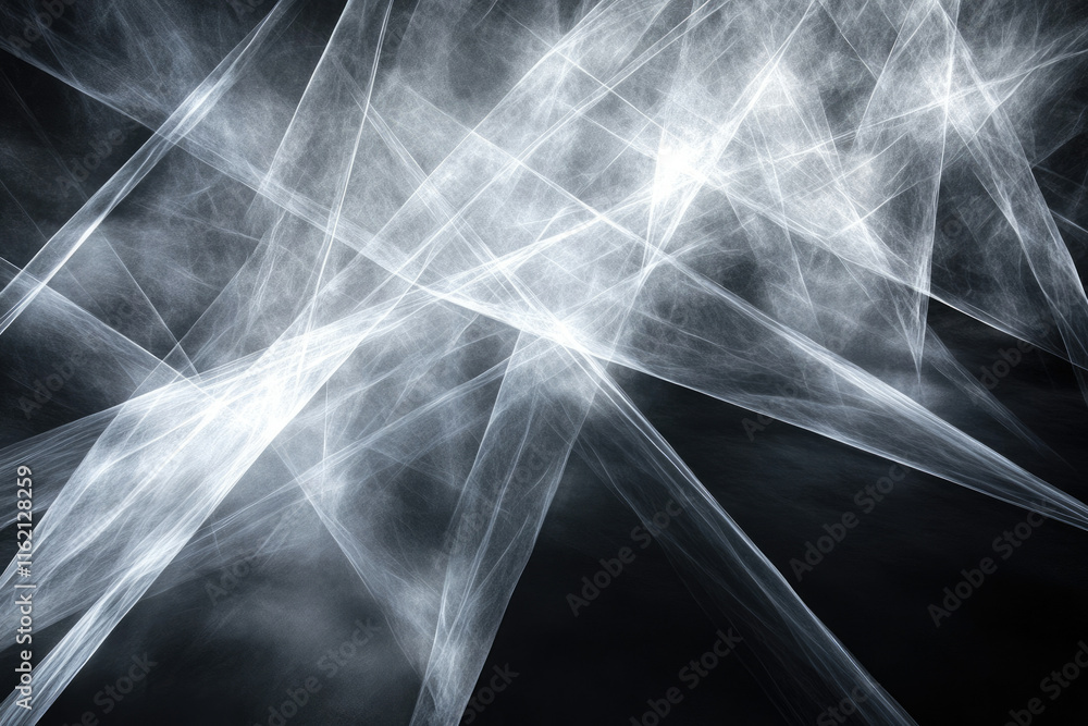 Poster abstract grayscale fractal art with intersecting translucent lines creating a web-like pattern on a 