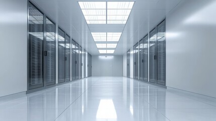 Servers data center room with bright bokeh light going through the corridor 3D rendering