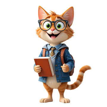 An orange cat student holds a book happily Isolated on Transparent Background