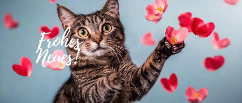 Niedliche Katze mit Blumen und Herzen  Fr&ouml;hliche Ostergr&uuml;&szlig;e