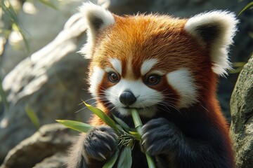 Fototapeta premium Close up of a red panda holding bamboo with a large boulder in the background.