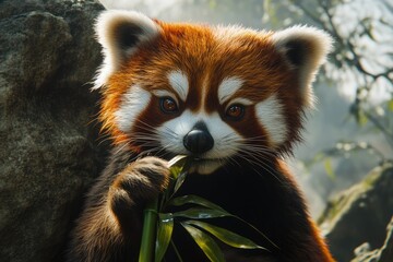 Close up of a red panda holding bamboo with a large boulder in the background.