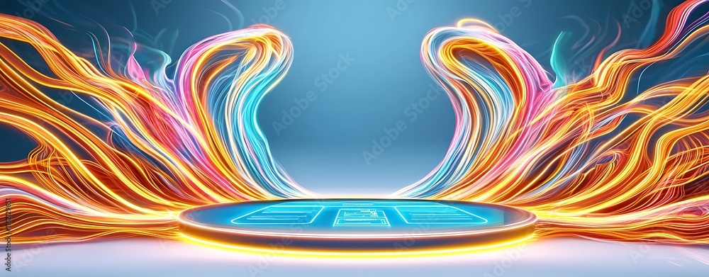 Poster vibrant light trails creating an energetic atmosphere around a futuristic platform with digital elem