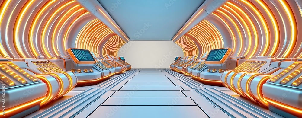 Poster futuristic sci-fi corridor with neon lights and control panels in a high-tech environment for concep