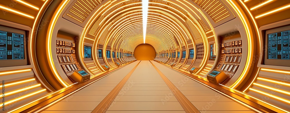 Poster futuristic sci-fi corridor with illuminated panels and curved design, ideal for space, technology, a