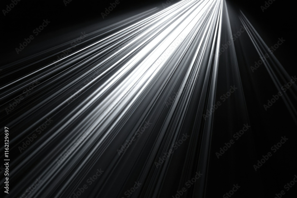 Poster abstract black and white image with converging light rays, creating a dynamic and energetic visual.