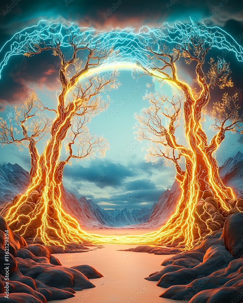 Poster surreal landscape with electric trees creating a vibrant portal in a dreamlike setting with dramatic