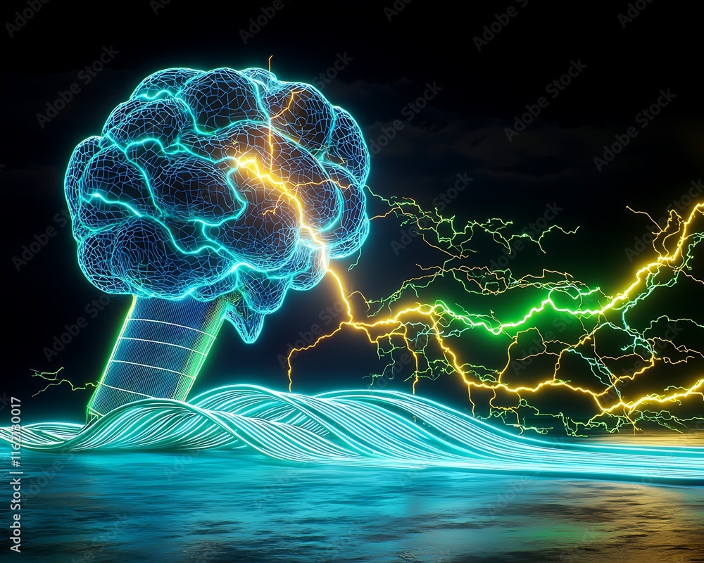 Poster futuristic concept of a brain generating electric power surrounded by abstract waves and lightening 