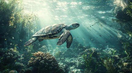 Fototapeta premium Majestic Sea Turtle Gracefully Swimming Through Sunlit Coral Reef