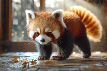Red panda walking in fluffy cuteness.