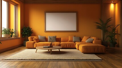 Orange living room interior with sectional sofa, coffee table, rug, and large blank canvas.