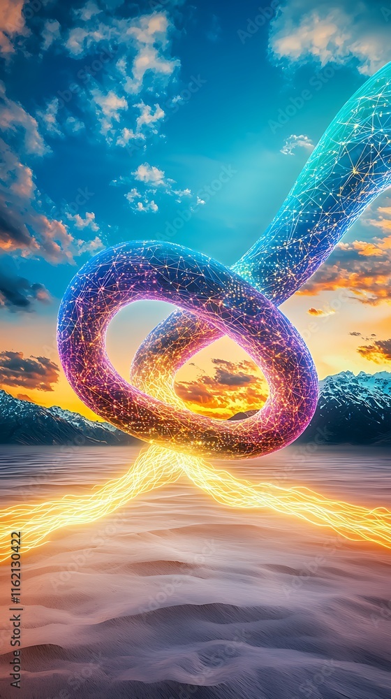 Poster abstract digital art representation of intertwined luminous energy strands creating a mesmerizing sh