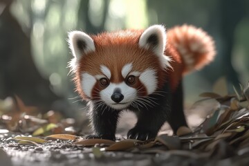 Red panda walking in fluffy cuteness.