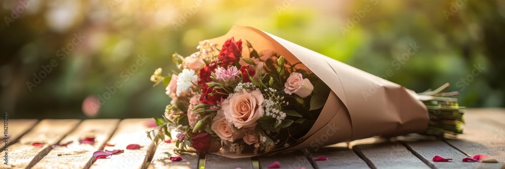 Poster Beautifully arranged bouquet wrapped in kraft paper resting on a wooden table with natural light highlighting its colors. Generative AI