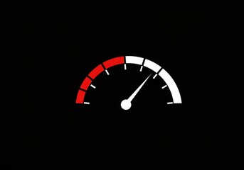 Minimalist speedometer icon, red and white on black background, sharp graphic design, bold