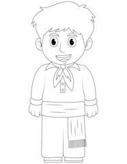 Lisbon, Portugal, the child wears a traditional Portuguese outfit, such as a simple version of a folk costume with a vest and shirt. raditional Portuguese outfit coloring page for kids. Portuguese boy