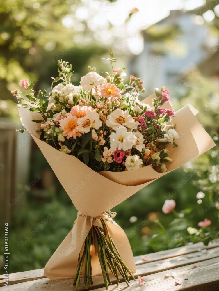 Poster bright and fresh bouquet wrapped in kraft paper with copy space for text in a sunny garden setting. 