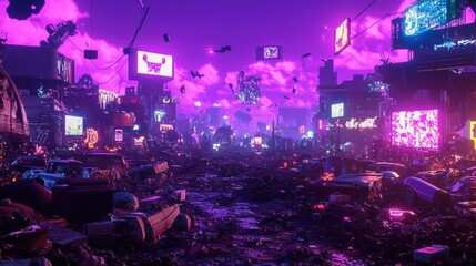 A futuristic junkyard filled with discarded robots and cybernetic parts, glowing faintly under a neon sky