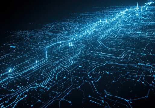 futuristic circuit board, intricate digital pathways, glowing blue technology, abstract electronic