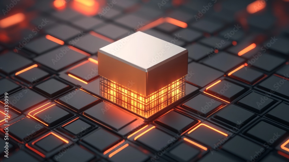 Poster illuminated cube on glowing grid abstract tech design