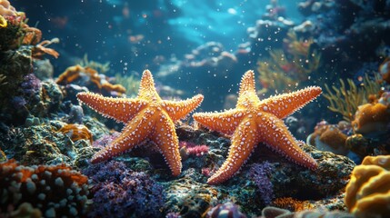 Two Orange Starfish on a Vibrant Ocean Floor