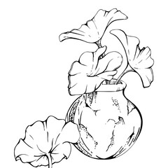 Nature tropical exotic lotus house plant in ceramic terracotta pot. Hand drawn ink vector illustration isolated white background. Design travel, home decor shop brochure, print, botanical garden ads