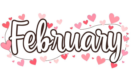 Obraz premium February text with decorative hearts on a clean white background. Perfect for Valentine’s Day and seasonal designs. Generative AI