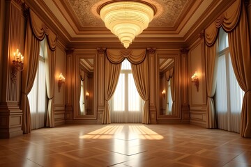 Obraz premium A hallroom with a polished wood floor, tall mirrors, and a glittering chandelier.