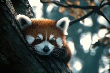 Fototapeta premium Red Panda on a tree while looking at you