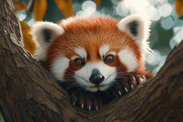Fototapeta premium Red Panda on a tree while looking at you