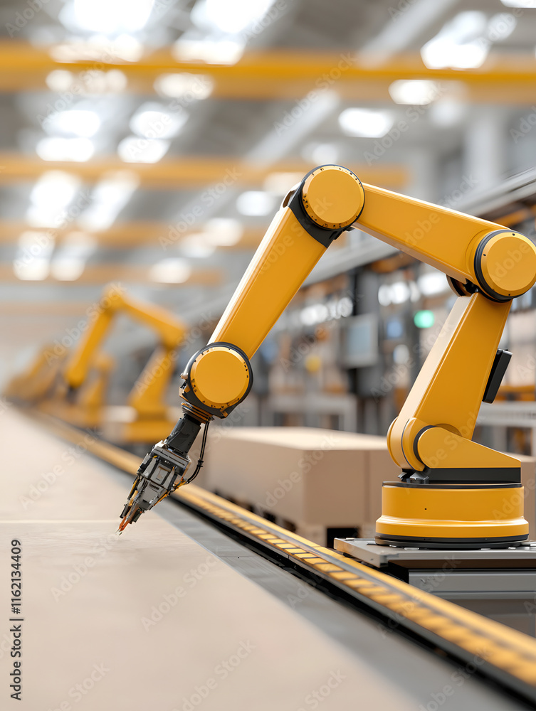 Poster a robotic arm operates in a modern warehouse, showcasing automation and precision in handling goods 