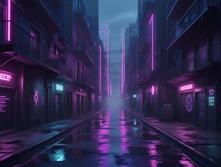 Futuristic neon-lit urban alleyway with glowing pink and blue signs, wet pavement reflecting vibrant colors, creating a cyberpunk atmosphere perfect for modern cityscapes, nightlife, and creative insp