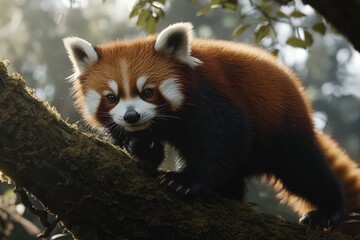 Red panda walking on tree branches.