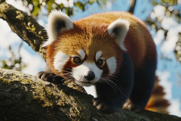 Red panda walking on tree branches.