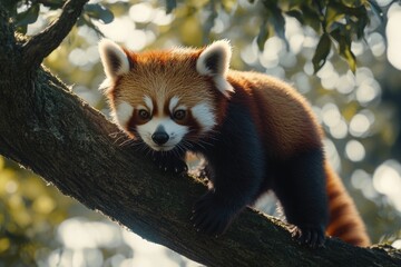 Fototapeta premium Red panda walking on tree branches.