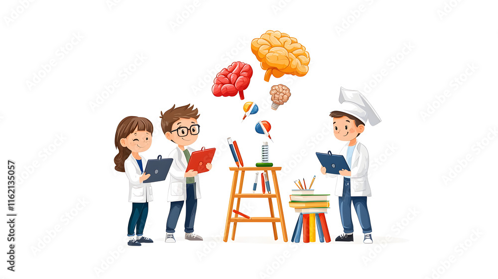 Poster four children in lab coats engage in a creative science discussion, with colorful graphics of brains