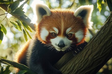 Fototapeta premium Red panda walking on tree branches.