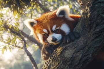 Obraz premium Red panda walking on tree branches.