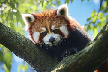 Red panda walking on tree branches.