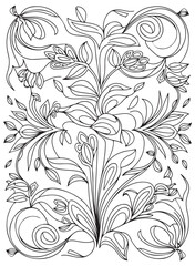Outline floral pattern in mehndi style for coloring book page. Antistress for adults and children. Doodle ornament in black and white. Hand draw vector illustration.