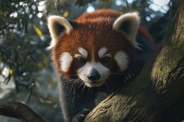 Red panda walking on tree branches.