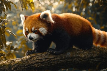 Red panda walking on tree branches.