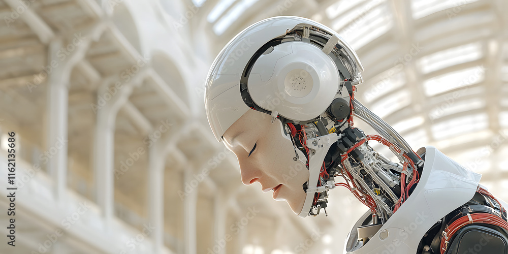 Aufkleber a humanoid robot with intricate mechanics and a serene expression, set in a modern architectural env